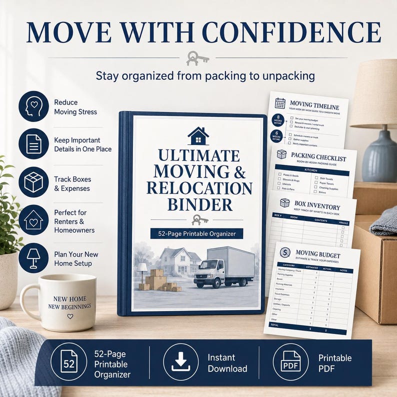 May include: A 52-page printable moving and relocation binder with a dark blue cover featuring a house and moving truck graphic. The set includes printed checklists for moving timelines, packing, box inventory, and budgets, plus a white mug with text.