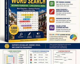 Spanish Word Search Workbook for Beginners 1000 Essential Words Vocabulary Pronunciation and Sentence Practice
