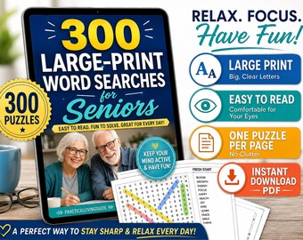 300 Large-Print Word Searches for Seniors | Relaxing Themed Puzzles with Answer Key