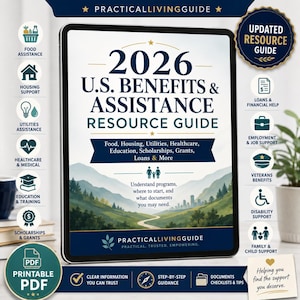 Könnte beinhalten: Ein digitales Tablet zeigt das Cover des 2026 U.S. Benefits & Assistance Resource Guide. Das Design umfasst eine Berglandschaft, dunkelblauen Text und Symbole für Lebensmittelhilfe, Wohnungsbau, Gesundheitswesen, Bildung und Finanzhilfen.
