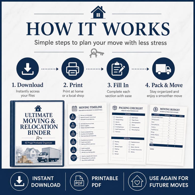 May include: A digital moving and relocation binder organiser featuring a four-step process: download, print, fill in, and pack and move. The set includes a cover page, a moving timeline, a packing checklist, and a moving budget tracker.