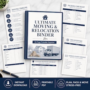 May include: A 52-page printable moving and relocation binder set featuring a central binder cover with a house and truck graphic, surrounded by various checklists including a moving timeline, packing guide, budget tracker, and utilities transfer list.
