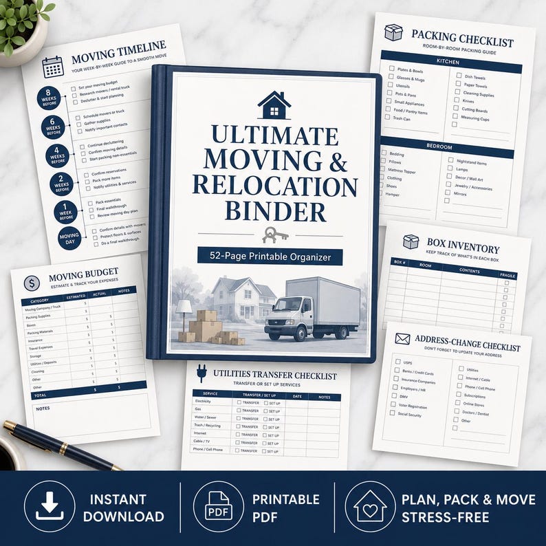 May include: A 52-page printable moving and relocation binder set featuring a central binder cover with a house and truck graphic, surrounded by various checklists including a moving timeline, packing guide, budget tracker, and utilities transfer list.