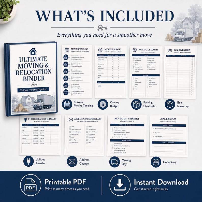 May include: A 52-page printable Ultimate Moving & Relocation Binder organiser featuring a cover with a house and moving truck graphic, plus various checklists for moving timelines, budgets, packing, box inventory, utilities, and address changes.