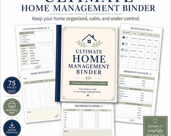 Home Management Binder Printable | Cleaning, Meal Planning, Maintenance Organizer (75 Pages)