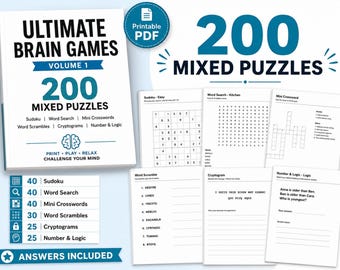 200 Mixed Puzzles Printable PDF – Sudoku, Crosswords, Word Search (Digital Download)