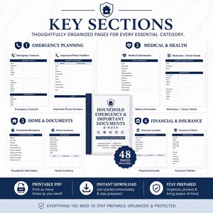 May include: A household emergency and important documents binder with 48 pages included. The layout features sections for emergency planning, medical and health, home and documents, and financial and insurance information with printable PDF forms.