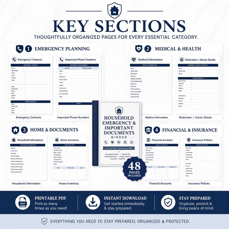 May include: A household emergency and important documents binder with 48 pages included. The layout features sections for emergency planning, medical and health, home and documents, and financial and insurance information with printable PDF forms.