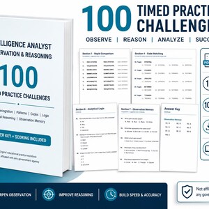 May include: A white workbook titled Intelligence Analyst Observation & Reasoning 100 Timed Practice Challenges with blue text. The cover lists topics like visual recognition, patterns, codes, logic, and memory. Includes sample pages and icons.