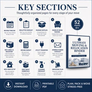 May include: A 52-page Ultimate Moving & Relocation Binder printable organiser featuring 12 key sections including a moving timeline, declutter checklist, packing supplies, room-by-room packing, box labels, moving budget, utility transfers, and address change.