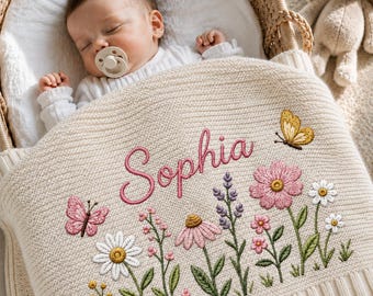 Copertina per neonato personalizzata con ricamo, copertina lavorata a maglia con fiori selvatici e nome, regalo per bambina, ricordo del neonato