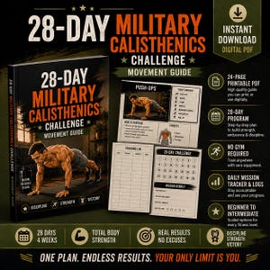Può includere: Una guida digitale in PDF 28-Day Military Calisthenics Challenge. La copertina mostra una persona che esegue dei piegamenti. Include una guida stampabile di 24 pagine, un programma di 28 giorni, un registro di allenamento e un tracker.