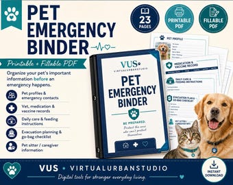 ペット緊急時バインダー – 犬猫用印刷可能記入式PDF（23ページ）