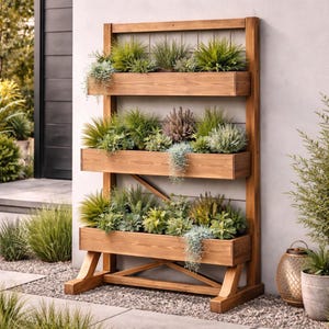 Op de afbeelding: Een verticale houten plantenstandaard met drie rechthoekige niveaus gevuld met diverse groene planten. De structuur is gemaakt van lichtbruin hout met een rooster aan de achterkant en schuine steunpoten, staand tegen een grijze muur.