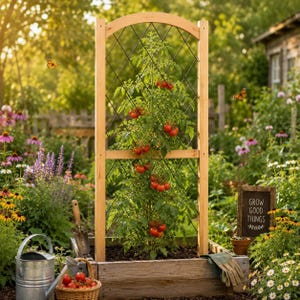 Op de afbeelding: Een hoog, boogvormig houten tuinrek met een zwart metalen ruitvormig rooster, dat een groene tomatenplant met rode tomaten ondersteunt. De structuur staat in een rechthoekige houten plantenbak, omringd door een weelderige tuin.