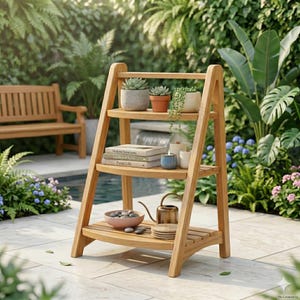 May include: A three-tiered wooden A-frame plant stand featuring a light brown finish. The shelves hold various potted succulents, a stack of three books titled Modern Terrariums, Gardens of Kyoto, and Patio Life, a small blue candle, and a metal watering can.