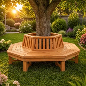 May include: A hexagonal wooden tree bench featuring a slatted seat and a matching backrest that encircles the trunk of a tree. The bench is constructed from light brown wood with visible grain, consisting of six connected sections.