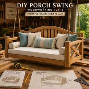 May include: A wooden porch swing with a curved back, cream-colored cushions, and blue and cream throw pillows. The swing is suspended by thick ropes. Plans show overall dimensions of 71 1/2 inches wide and 30 1/2 inches deep with a tape measure.