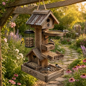 May include: A multi-level wooden bird feeder featuring a weathered corrugated metal roof, a hanging wire mesh seed cylinder, and several open platforms filled with birdseed. Multiple small birds are perched on the various feeding levels.