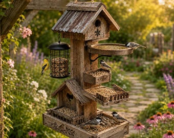 Könnte beinhalten: Ein mehrstöckiges Vogelhaus aus Holz mit einem Dach aus verwittertem Wellblech, einem hängenden Drahtgitterzylinder für Vogelfutter und mehreren offenen Plattformen, die mit Vogelfutter gefüllt sind. Mehrere Vögel sitzen darauf.