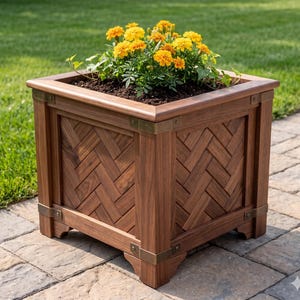 Könnte beinhalten: Ein quadratischer Pflanzkasten aus Holz mit dunkelbraunem Finish und einem Fischgrätenmuster an den Seitenwänden. Der Pflanzkasten verfügt über metallische Eckbeschläge und ist mit dunkler Erde sowie gelben und orangen Tagetes gefüllt.