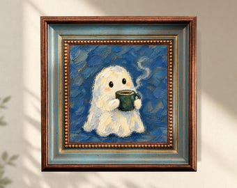 コーヒーゴーストのオリジナル油絵、ミニ額入りウォールアート、手描きキャンバス、ブルーのキッチン装飾、ハロウィンギフト