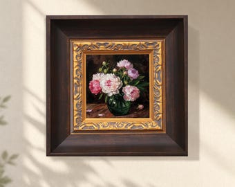 Original Mini Peony Oil Painting, Pink Floral Impasto Art, Hand Painted Small Canvas, Moody Botanical Wall Decor, Flower Lover Gift