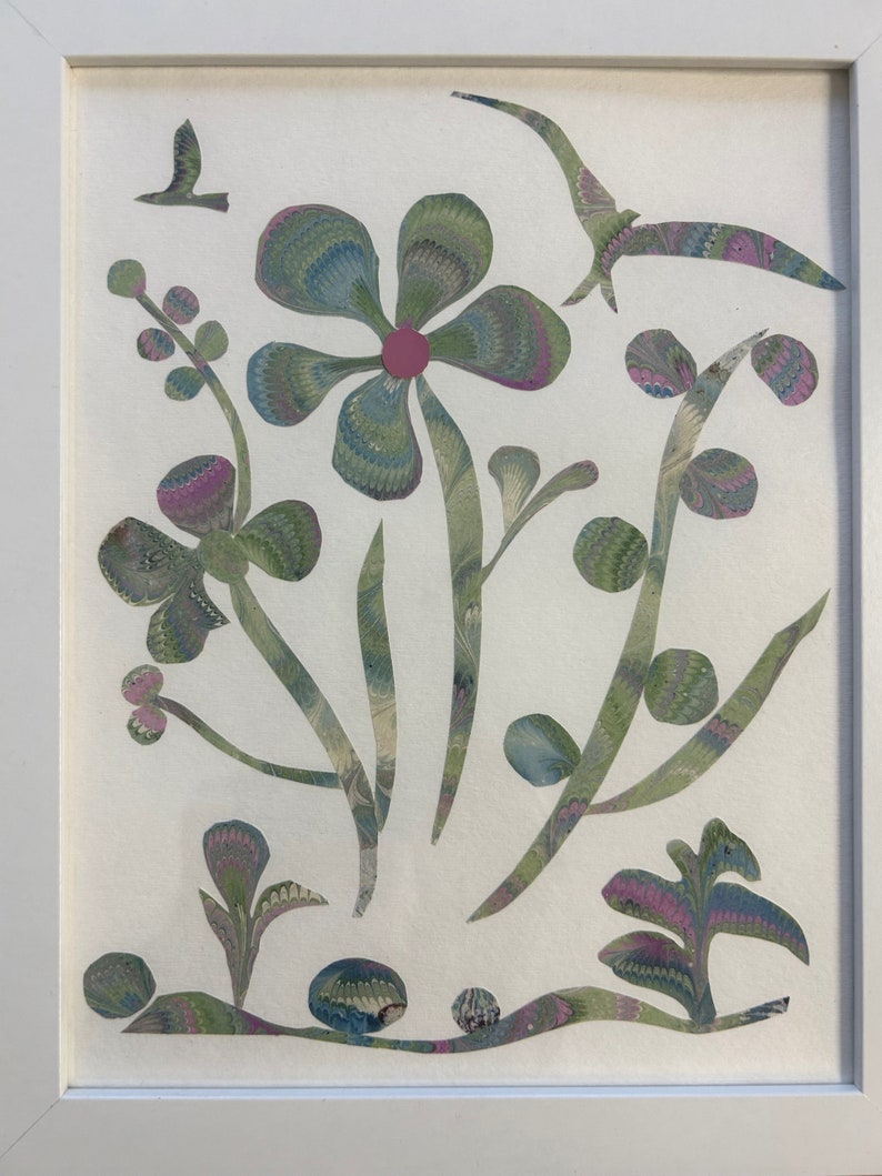 Marbleized Paper Decoupage Collage Art Floral Bird Green and Lavender Etsy