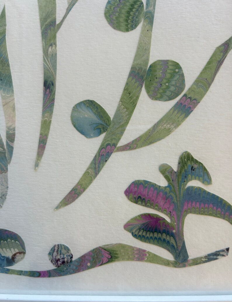 Marbleized Paper Decoupage Collage Art Floral Bird Green and Lavender Etsy