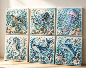 May include: A set of six square wall art panels featuring sea creatures including a sea turtle, octopus, jellyfish, seahorse, whale, and dolphin. Each panel is decorated with blue and white beads and rhinestones depicting underwater scenes.