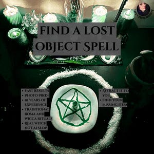 May include: A ritual setup featuring a white square plate with a green pentagram symbol, surrounded by a circle of white salt. The scene includes green candles, a mortar and pestle, and text reading FIND A LOST OBJECT SPELL, FAST RESULTS, PHOTO PROOF, 10 YEARS OF EXPERIENCE, TRADITIONAL ROMA AND WICCA RITUALS, REAL WITCH NOT AI SLOP, ATTRACT IT TO YOU, FIND YOUR MISSING ITEM.
