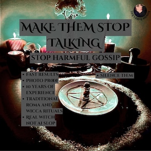 May include: A silver-toned plate featuring an embossed pentagram, surrounded by candles, a skull, and a mortar and pestle. Text reads: MAKE THEM STOP TALKING, STOP HARMFUL GOSSIP, FAST RESULTS, PHOTO PROOF, 10 YEARS OF EXPERIENCE, TRADITIONAL ROMA AND WICCA RITUALS, REAL WITCH NOT AI SLOP, SILENCE THEM.