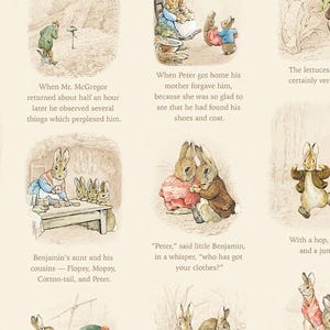May include: A cream-colored fabric featuring a repeating pattern of Beatrix Potter illustrations depicting Peter Rabbit and other characters. Each scene includes watercolor-style drawings of rabbits in various poses accompanied by printed story text.
