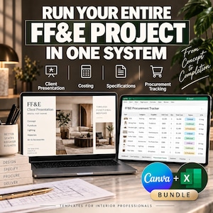 May include: A digital bundle for interior design professionals featuring a laptop and tablet displaying FF&E project management software, client presentation slides, and procurement tracking spreadsheets, alongside a stack of branded blocks.