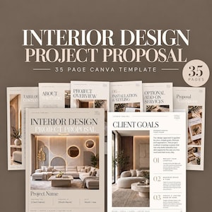 Puede incluir: Una plantilla de Canva de 35 páginas para una propuesta de proyecto de diseño de interiores. El documento presenta un esquema de color beige y blanco con tipografía serif, incluyendo secciones para objetivos del cliente y proyecto.