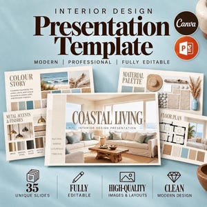 Interior Design project Presentation Template | Coastal LivingStyle | Canva , Powerpoint Client Proposal (35 Pages)