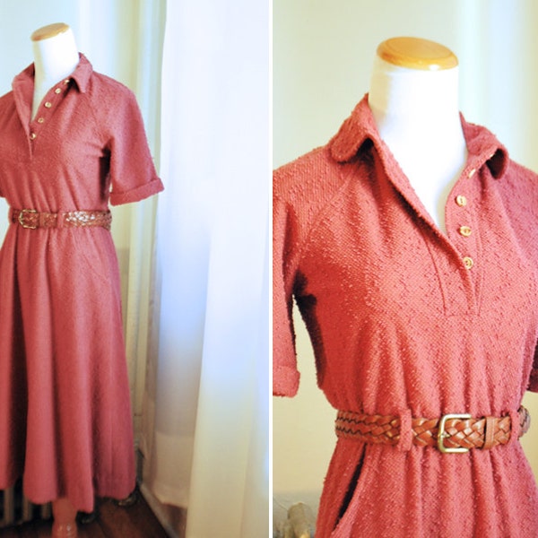 Vintage 1960s Shirt Dress /  Salmon 60s Button Down Henley Summer Shirt Dress w/ Pockets, Size S Small to M Medium