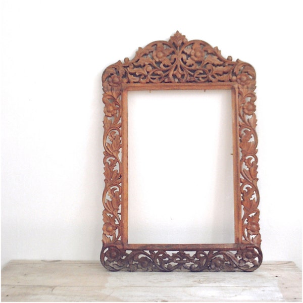 Vintage großer böhmischer Rahmen / Holz geschnitzt verziert Floral Indien Frame Boho Hippie Bohemian Indie / Floral Rama Frame