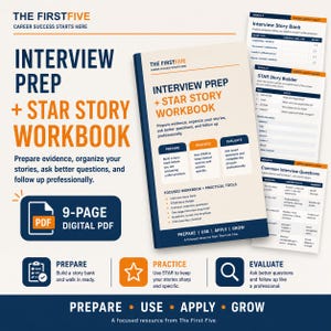 以下が含まれることがあります： The First Fiveによる9ページのデジタルPDFワークブック「Interview Prep + Star Story Workbook」。このドキュメントには、証拠の準備、ストーリーの整理、面接の質問を評価するためのセクションが含まれており、プロフェッショナルなレイアウトで構成されています。