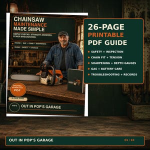 Może przedstawiać: 26-stronicowy przewodnik PDF do druku zatytułowany Chainsaw Maintenance Made Simple. Dokument zawiera sekcje dotyczące bezpieczeństwa, inspekcji, dopasowania i naciągu łańcucha, ostrzenia, konserwacji gazu i akumulatora oraz rozwiązywania problemów.