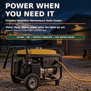 May include: A 23-page guide titled Out in Pop's Garage: Power When You Need It, featuring a yellow portable generator with a black frame and a yellow power cord on a gravel surface. The text includes maintenance tips and safety instructions.