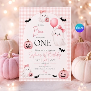 May include: A pink and white gingham birthday invitation card featuring illustrations of three white ghosts with pink bows, two pink pumpkins, a pink balloon, and black bats. The text reads A little Boo is turning ONE, Sophia's 1st Birthday, SAT 30 OCT.