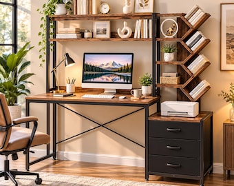Computer Desk with Bookshelf Hutch Tree 3 Drawers Reversible Printer Shelf Study Writing Workstation, Home Office Desk, Office Furniture