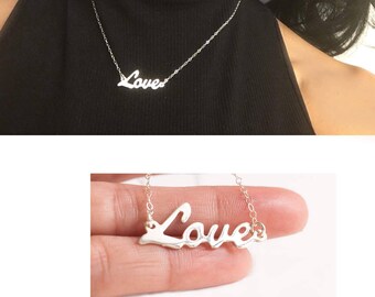 Love Necklace, Silver Love Necklace, Love Name Necklace, Cursive Script Necklace, Love Pendant, Dainty Love Necklace, Love Plate Necklace