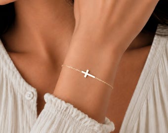 Dainty Sideways Cross Bracelet: Faith Bracelet, Sterling Silver or Gold Filled
