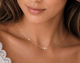 Dainty Sideways Cross Necklace, Sterling Silver or Gold Filled, Minimalist Faith Gift, Delicate Necklace