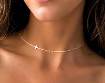 Sideways Cross Necklace: Sterling Silver - 14K Gold Filled Dainty Christian Faith Jewelry