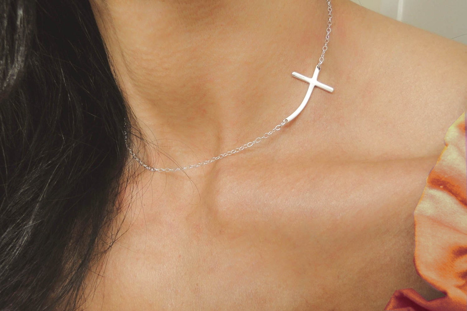 Curved Sideways Cross Necklace, Hammered Cross Necklace, Silver Cross Necklace, Horizontal Cross
