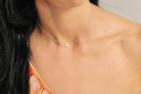 Cross Necklace Gold- Easter Necklacess, Cross Choker Necklace, Tiny Cross Necklace, Silver Tiny Cross Necklace, Sideways Cross Necklace