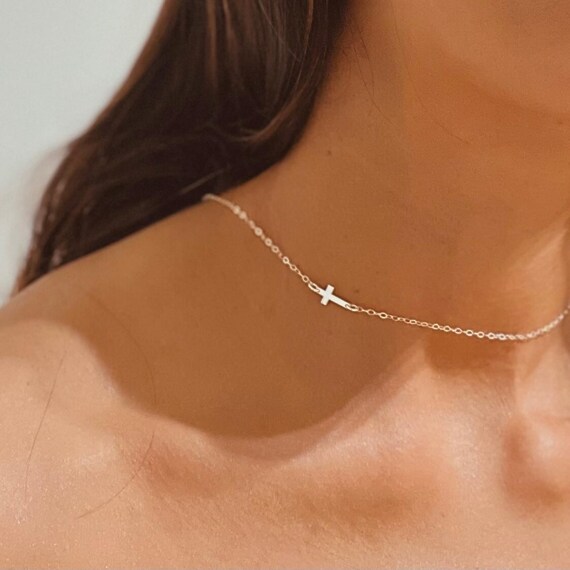 Tiny Cross Necklace in Silver and Gold – Dainty Cross Choker, Reminder of Faith-Hope-Love Necklace